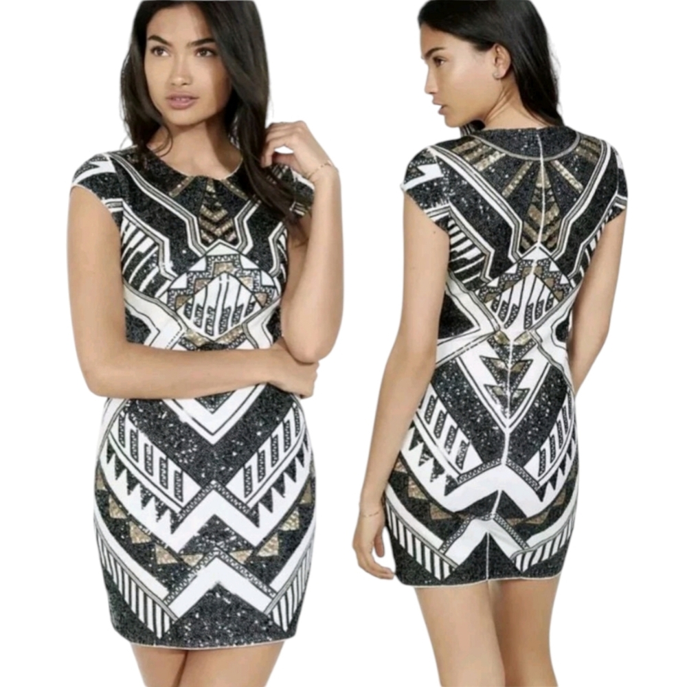 Express Black Gold Sequin Aztec Geometric Mini Dress Cream Size S NWT